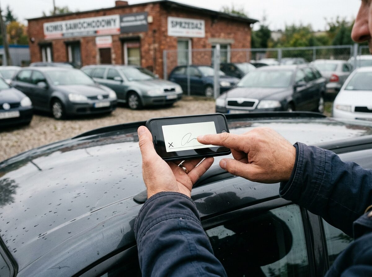 Klient podpisuje palcem na ekranie telefonu nad dachem auta na placu komisu