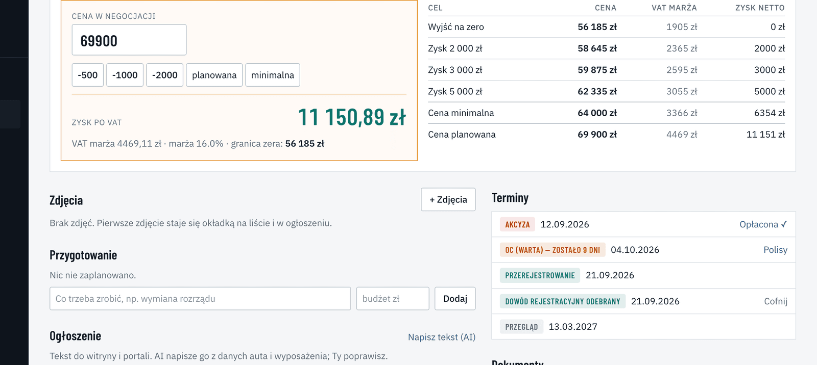 Kalkulator negocjacji w Stokarze: cena 69 900 zł, zysk po VAT 11 150,89 zł, VAT marża 4 469 zł, granica zera 56 185 zł oraz tabela cen dla zysku 2, 3 i 5 tysięcy